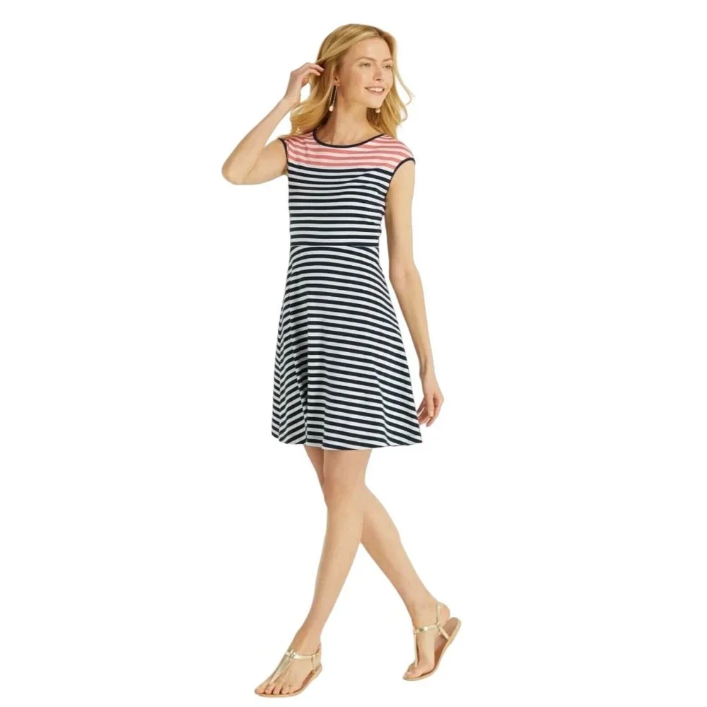 Draper James Striped Ponte Knit A Line Nassau Navy and Pink Mini Fit and Flare X - Picture 4 of 14
